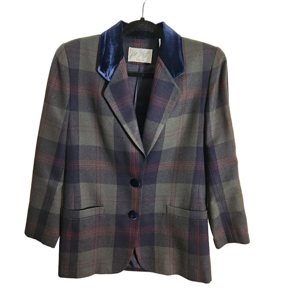 Lord & Taylor Vintage Stunning Wool Plaid Velvet Accent Blazer Size 2p
